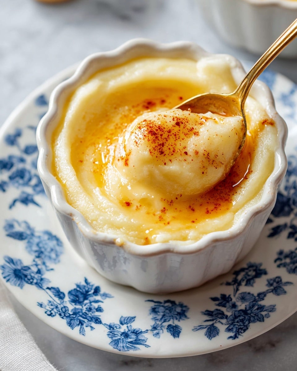 The image shows a white scalloped ceramic ramekin filled with smooth, creamy mashed potatoes that have a soft yellow color. On top, there is a melting pat of butter spreading golden liquid around the edges, and a light sprinkle of reddish-brown paprika adds a warm touch. A golden spoon scoops into the potatoes, revealing their fluffy texture. The ramekin sits on a white plate with blue floral designs, all placed on a white marbled texture surface. Photo taken with an iphone --ar 4:5 --v 7