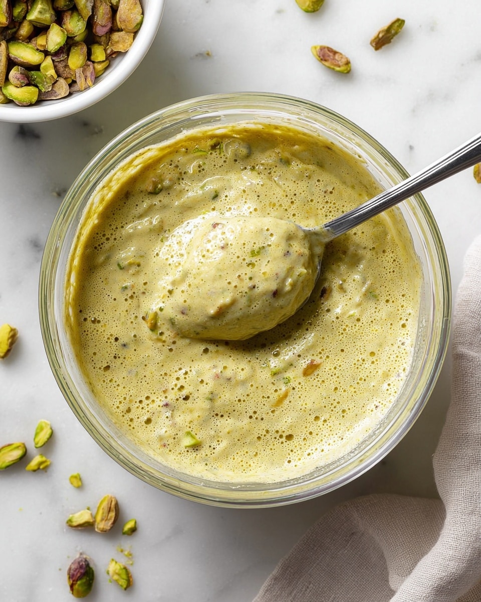 A clear glass bowl filled with a creamy, pale yellow-green mixture that has small bits of darker and lighter flecks throughout, showing a thick and slightly foamy texture with some bubbles on the surface. A metal spoon inside the bowl scoops out a rounded portion of the mixture, revealing a smooth and dense consistency. Around the bowl, there are scattered shelled pistachios, some chopped, placed on a white marbled surface. In the top left corner, a white bowl is partially visible, containing more unshelled pistachios. A light-colored cloth rests near the bottom right side of the frame. photo taken with an iphone --ar 4:5 --v 7