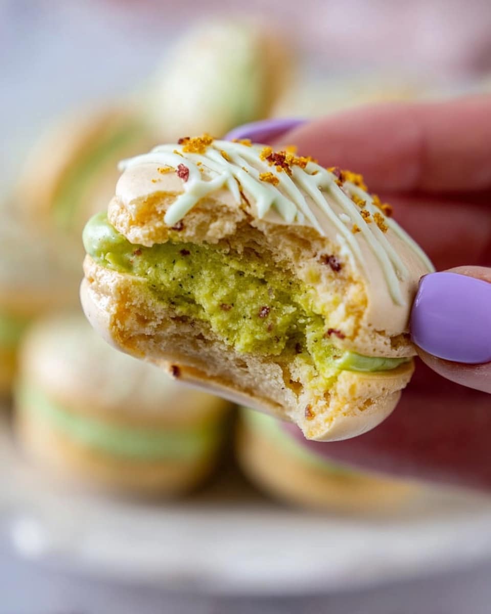 A close-up of a pale beige macaron with a cracked top, revealing a thick, bright green, creamy filling with small bits inside. The top shell has white drizzle and tiny orange and brown sprinkles. A woman's hand with purple-painted nails is holding the macaron, and a blurred white plate filled with similar macarons is in the background, all set on a white marbled texture. photo taken with an iphone --ar 4:5 --v 7