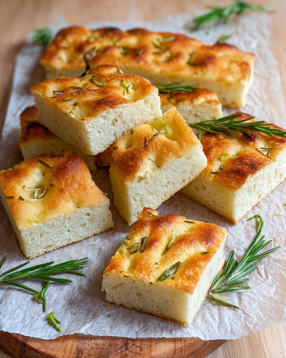 The image shows several pieces of focaccia bread arranged on a piece of parchment paper. The bread is cut into rectangular and square shapes, revealing a thick, soft, and spongy white inside. The top layer of the focaccia is golden brown with a slightly crispy texture, scattered with small pieces of fresh green rosemary. The bread sits on a light wooden surface with a few sprigs of rosemary placed around it for decoration. photo taken with an iphone --ar 4:5 --v 7