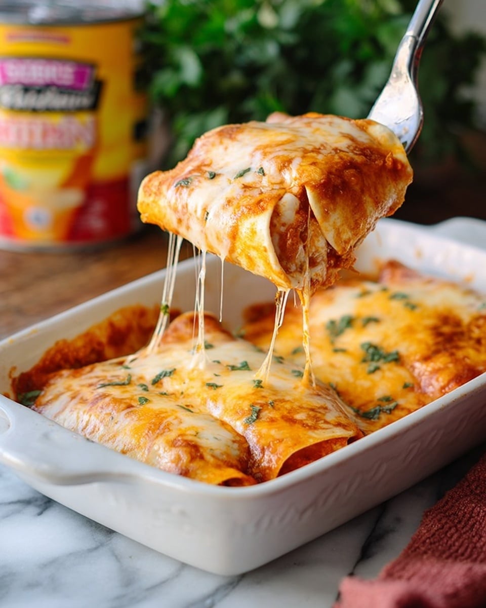 The image shows two enchiladas being lifted with a metal fork out of a white rectangular dish. Each enchilada has two main layers: a soft, light beige tortilla wrapping a filling, and a top layer of melted cheese that is golden yellow and creamy with some darker orange sauce mixed in. The enchiladas are covered in melted cheese that stretches in gooey strings as they are lifted. The dish sits on a white marbled surface, with greenery and a colorful red and yellow thick-cut cheese package blurred in the background. photo taken with an iphone --ar 4:5 --v 7