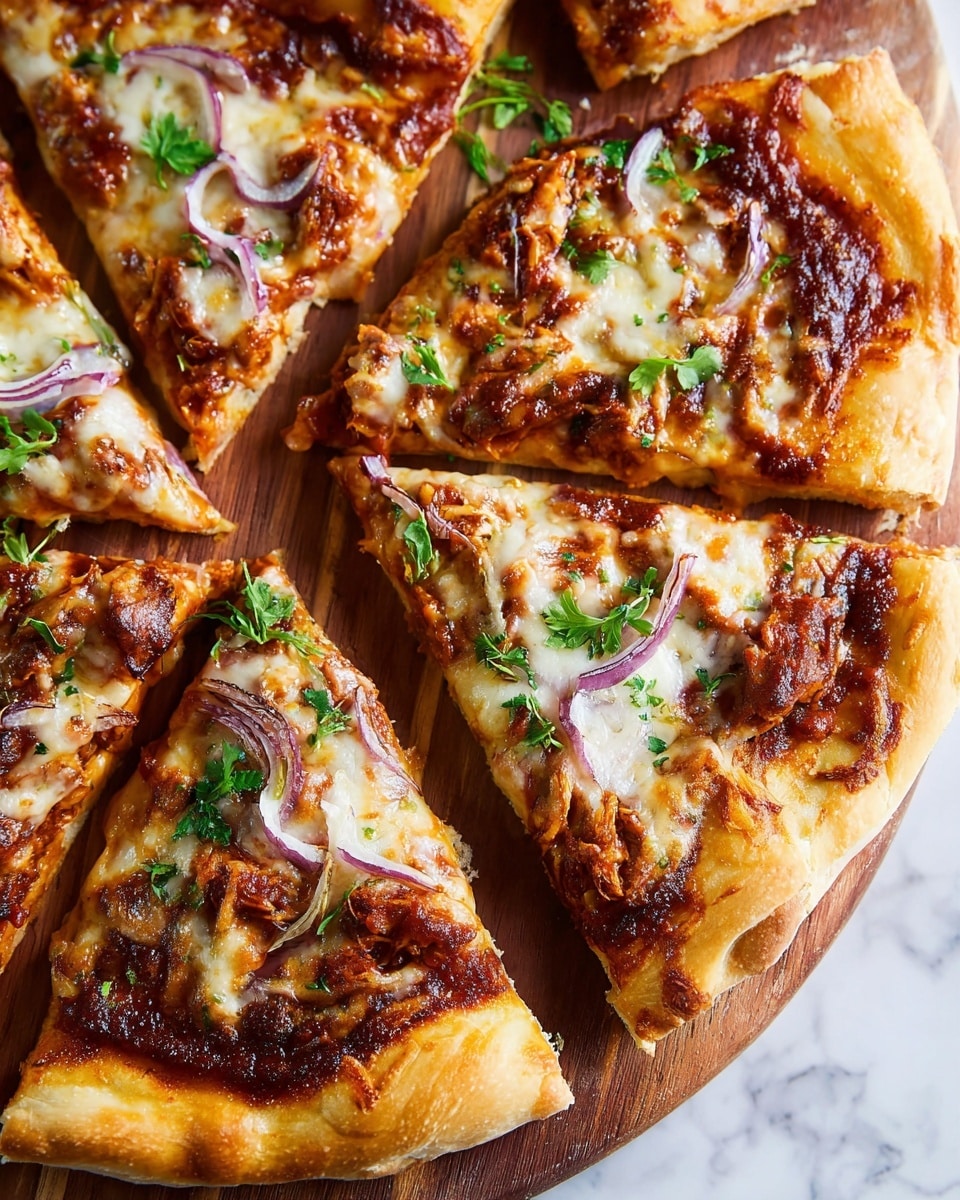 Several slices of pizza are arranged closely on a wooden board against a white marbled surface. Each slice has a thick golden-brown crust with a slightly puffy edge. The first layer is a dark reddish-brown barbecue sauce spread evenly on the dough. Over this, melted cheese forms a bubbly, golden layer with a mix of white and light yellow patches. Scattered on top are browned chunks of meat with a caramelized texture and thin, curved slices of purple onion. Small green herb leaves are sprinkled over the pizza, adding bright green spots for contrast. Photo taken with an iphone --ar 4:5 --v 7