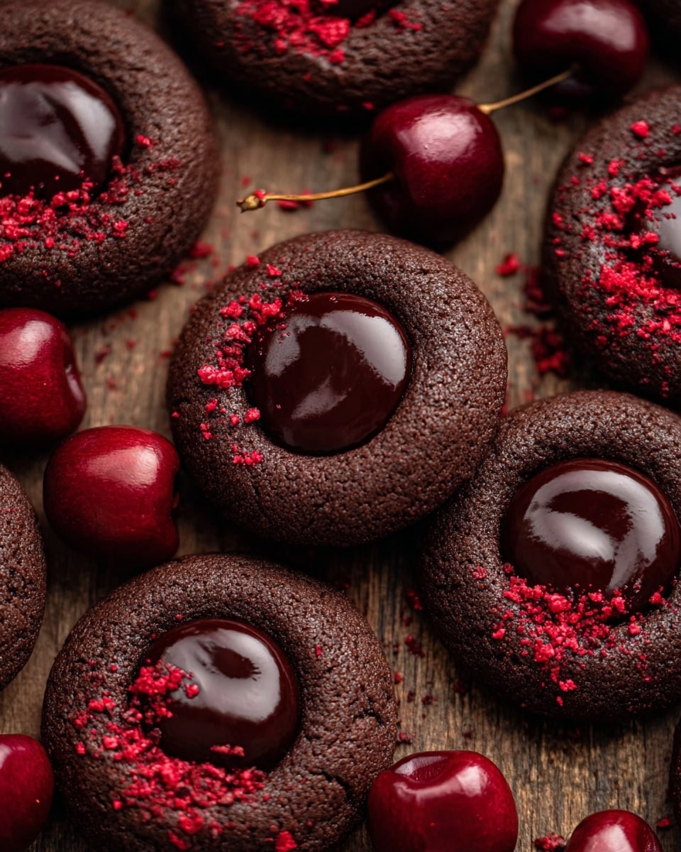 The image shows several dark brown, round chocolate cookies arranged closely on a wooden surface, each with a glossy, thick dark chocolate center spread evenly in a circular shape. Small bits of bright red crumbs are sprinkled on one side of the chocolate centers. Among the cookies are a handful of shiny, deep red cherries with long stems, adding a natural and fresh look. The cookies have a soft, slightly crumbly texture, and the contrast between the dark chocolate and red crumbs draws the eye. photo taken with an iphone --ar 4:5 --v 7