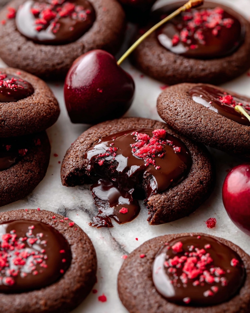 The image shows several round, dark chocolate cookies with a soft texture, each topped with a glossy, smooth layer of thick dark chocolate ganache in the center. Some cookies have bright red crumbs sprinkled on the chocolate layer, adding a pop of color and texture. One cookie is broken, revealing a gooey, melting chocolate filling inside. Surrounding the cookies are a few whole, shiny deep red cherries with stems, placed directly on a white marbled surface. photo taken with an iphone --ar 4:5 --v 7