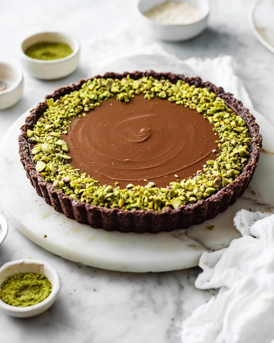 The image shows a chocolate tart with three clear layers, starting with a dark, crumbly crust around the edge that forms the tart base, a smooth, rich brown chocolate filling that fills the center, and a generous ring of bright green chopped pistachios neatly placed on top near the crust edge. The tart sits on a round white marble board, placed on a white marbled surface. In the background, there are small bowls, one containing a green powder and another one that is white, along with a crumpled white cloth resting on the surface. The overall scene is bright with soft natural light. photo taken with an iphone --ar 4:5 --v 7