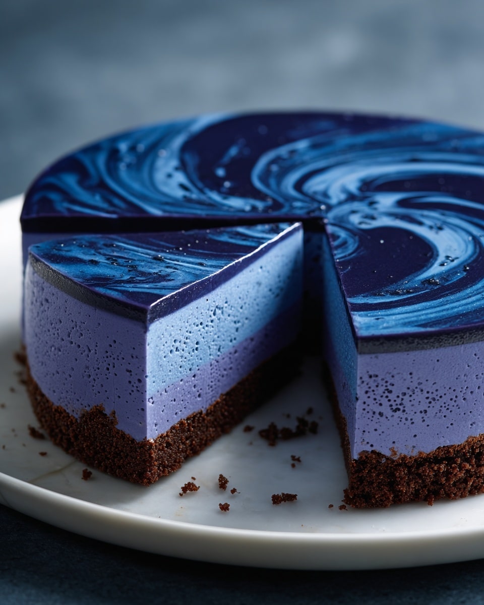 A slice of cake is shown on a white plate with a white marbled surface underneath. The cake has three layers: a dark brown crumbly base, a thick vibrant blue middle mousse layer with darker blue swirls inside, and a smooth bright blue top layer. On top of the slice, there is a glossy dark purple swirl of sauce or topping. Behind the slice, there is the whole cake on another white plate, showing the same layers and dark purple topping. Scattered small dark purple berries and white sprinkles are visible around the plates. The photo taken with an iphone --ar 4:5 --v 7
