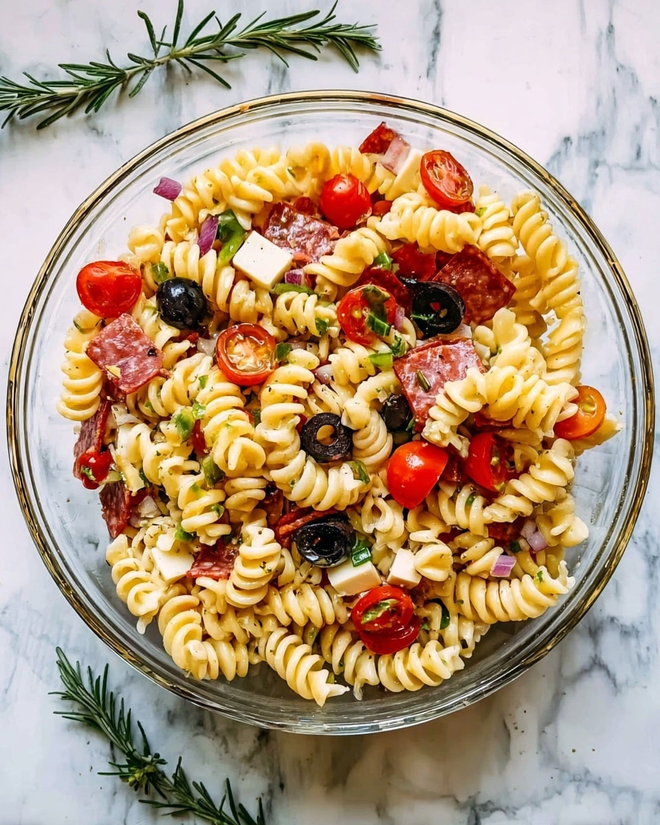 A clear glass bowl filled with a colorful pasta salad sits on a white marbled surface. The pasta is short, corkscrew-shaped and pale yellow. Mixed in are halved bright red cherry tomatoes, black olive slices, small green pepper pieces, triangular chunks of pale cheese, and thin slices of reddish-brown salami. The salad has a mix of textures from smooth pasta to soft tomatoes and firm cheese. Around the bowl are small sprigs of fresh green rosemary adding a natural touch. Photo taken with an iphone --ar 4:5 --v 7
