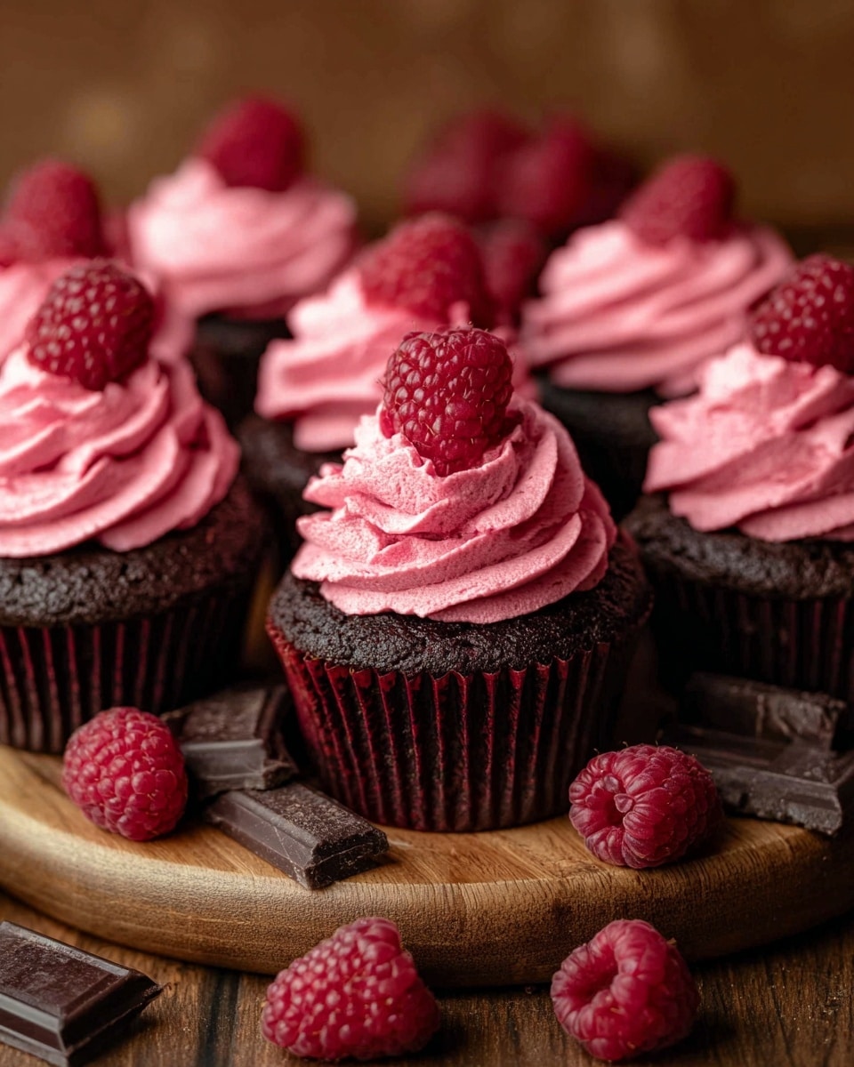 The image shows seven chocolate cupcakes arranged on and around a round wooden board. Each cupcake has two layers: the bottom dark brown chocolate cake layer with a textured surface, and a top layer of bright pink swirled raspberry frosting with a creamy texture. On top of the frosting sits a single fresh red raspberry with a bumpy surface. Around the cupcakes are scattered pieces of dark chocolate and more fresh raspberries. The background has a warm brown tone and the surface is wooden. photo taken with an iphone --ar 4:5 --v 7