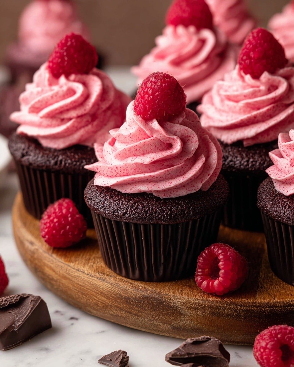 The image shows several chocolate cupcakes with two main layers; the cupcake base is dark brown and textured, topped with a thick swirl of pink raspberry frosting that is smooth with small specks. Each cupcake is crowned with a single bright red raspberry that adds a fresh and juicy look. The cupcakes are arranged on a round wooden board with a few scattered raspberries and small dark chocolate chunks around them, all set on a white marbled surface. Photo taken with an iphone --ar 4:5 --v 7