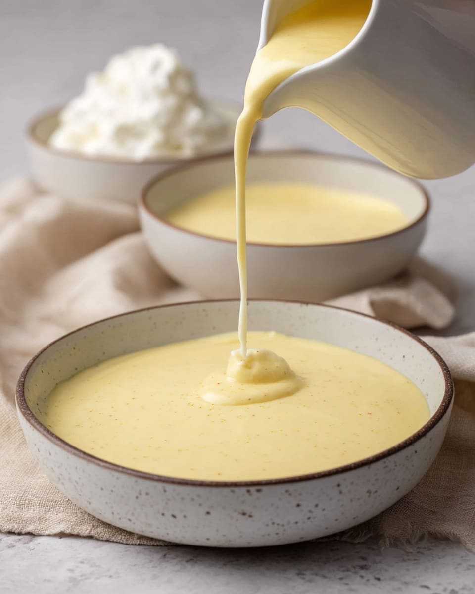 A creamy light yellow custard is being poured from a white jug into a shallow white bowl with a speckled, smooth texture and a dark rim. In the soft-focus background, there are two more white bowls; one visible bowl contains a mound of white whipped cream, while the other also appears filled with light yellow custard. The bowls rest on a soft beige cloth that covers a white marbled surface. The custard has a thick, smooth texture with small visible specks, and the pouring stream creates a slight ripple on its surface. photo taken with an iphone --ar 4:5 --v 7