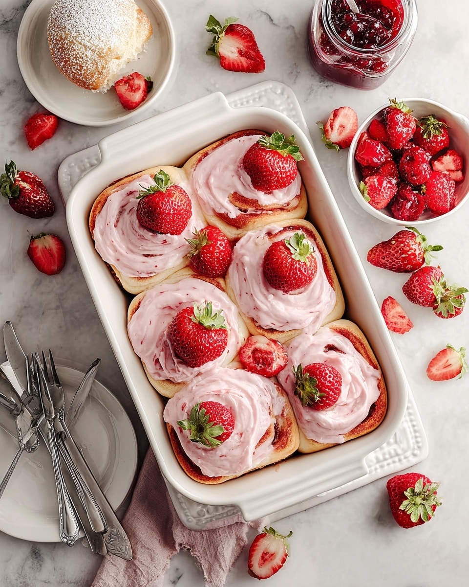 A white rectangular baking dish holds six soft cinnamon rolls, each topped with a thick layer of swirled light pink frosting. On top of the frosting, fresh whole and halved ripe strawberries with green leaves add a bright red contrast. The rolls have a golden-brown outer edge with visible spiral layers inside. Around the dish, a white marbled surface is scattered with more fresh strawberries, a small bowl containing halved strawberries, a small bottle, a plate with a powdered sugar-covered pastry, and a jar of deep red berry jam with a spoon inside. A silver fork and knife set rests on a white tray nearby. photo taken with an iphone --ar 4:5 --v 7