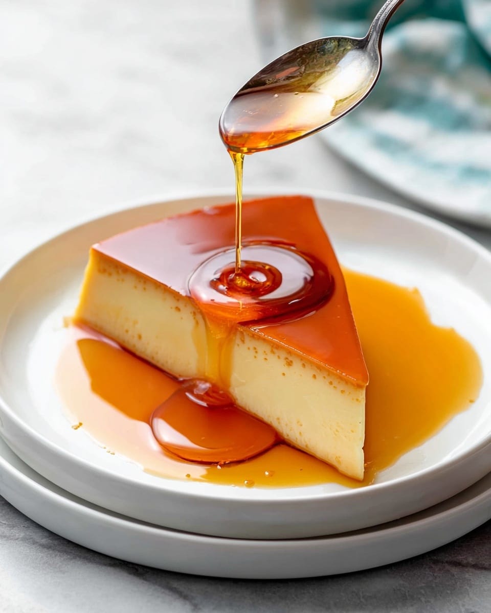 A single slice of flan dessert sits on a white plate, which is placed on another white plate. The flan has two visible layers: a creamy pale yellow bottom layer with a smooth texture, and a thin, shiny caramel brown top layer that glistens under light. Golden caramel syrup is being poured slowly from a silver spoon above, creating a small round pool that spreads across the plate and covers the flan’s edges. The background shows a blurred white marbled texture surface. photo taken with an iphone --ar 4:5 --v 7