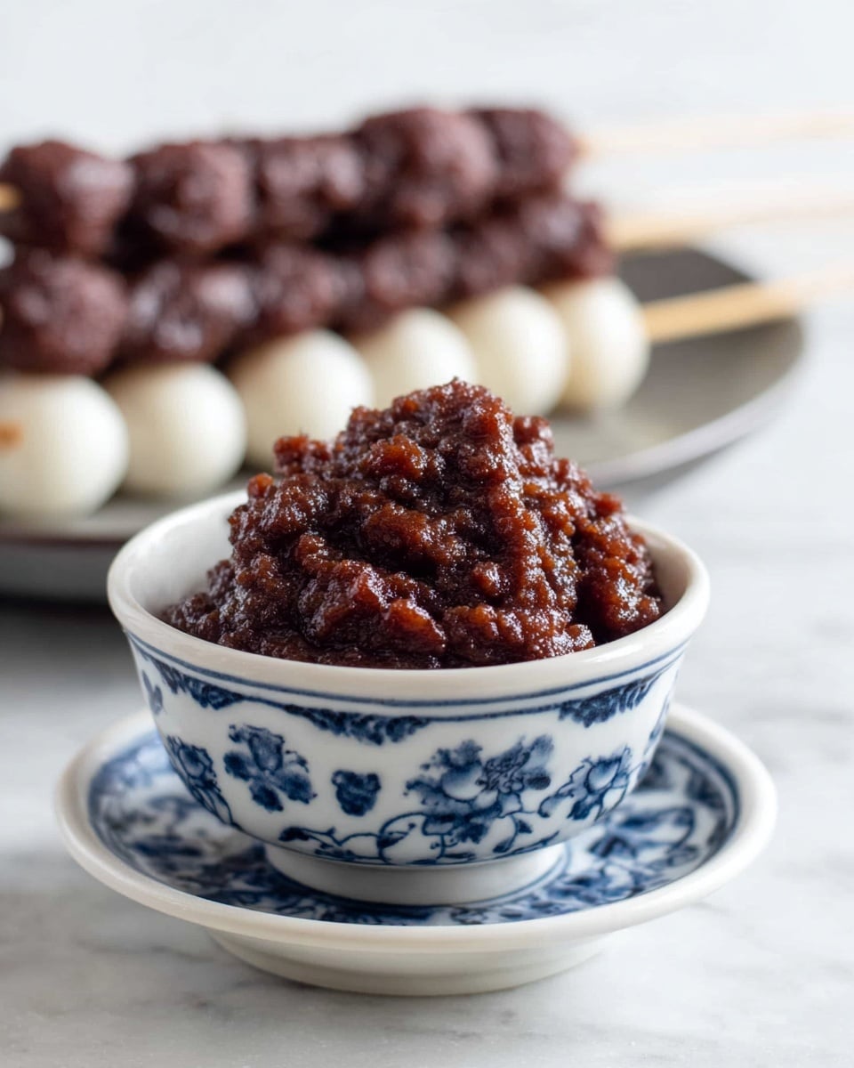 A close-up view of a small bowl filled with a mound of chunky, dark brown-red bean paste that looks soft and thick in texture. The bowl is white with blue floral patterns and rests on a matching small saucer. In the background, slightly blurred, there is a white plate holding skewered white round balls topped with a similar dark bean paste, arranged as three layers: the white round balls form the bottom layer, and the chunky bean paste is spread thickly over them as the top layer. The scene is set on a smooth white marbled surface. photo taken with an iphone --ar 4:5 --v 7