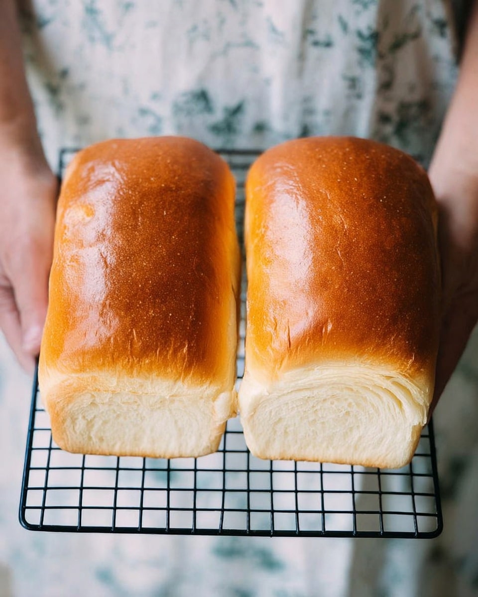 Two freshly baked bread loaves with shiny golden-brown tops and soft white sides sit side by side on a black wire cooling rack. The texture of the bread looks fluffy and smooth, with gentle swirls visible on the sides. The rack is held carefully by a woman's hands, and the background features a white marbled texture. photo taken with an iphone --ar 4:5 --v 7