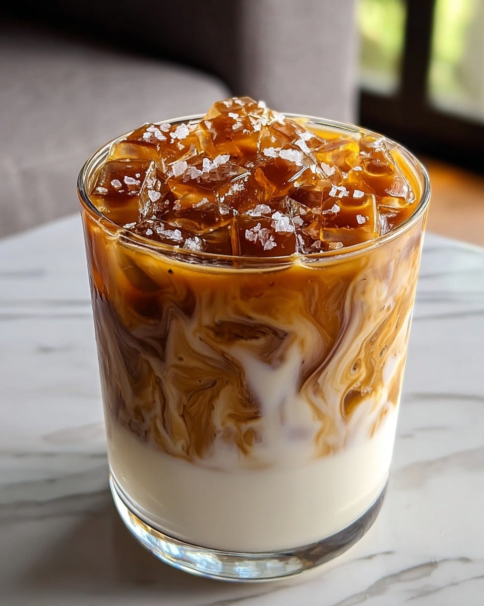 A clear glass filled with a three-layered iced drink set on a white marbled surface; the bottom layer is a thick creamy white base, the middle layer features swirled caramel-colored coffee mixing into the white, and the top layer is ice cubes covered with a glossy drizzle of caramel syrup and sprinkled with coarse salt flakes, creating a shiny, textured contrast. photo taken with an iphone --ar 4:5 --v 7