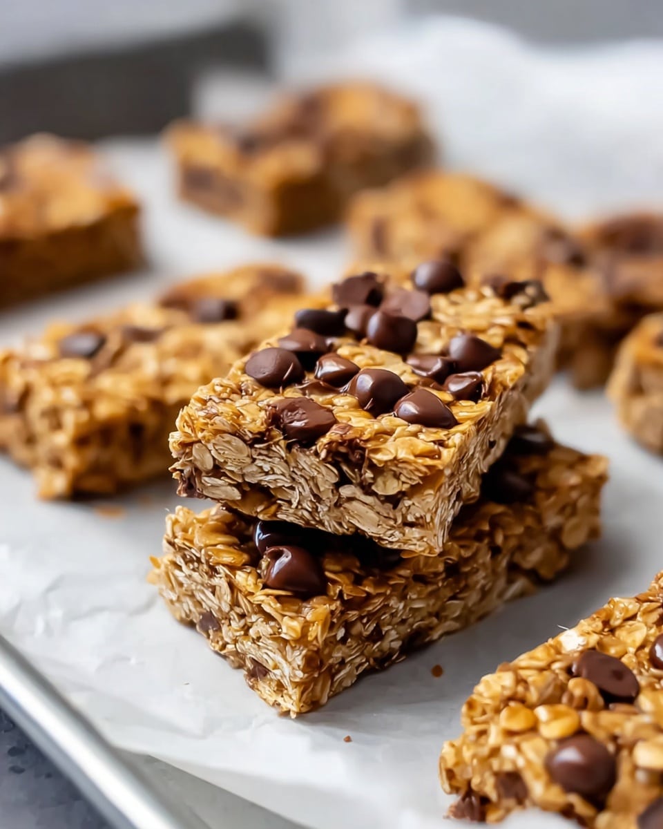 The image shows several rectangular granola bars stacked on a shiny white tray lined with white parchment paper. Each granola bar has one visible layer made up of golden oats mixed with dark brown chocolate chips, some scattered on top and some embedded inside. The bars have a slightly glossy texture, indicating a sticky sweet binder holding the oats and chocolate together. The granola bars in the front are stacked with one bar leaning on top of the other, while the background shows more bars spread out evenly on the tray. The focus is sharp on the front granola bars, with the background bars softly blurred. photo taken with an iphone --ar 4:5 --v 7