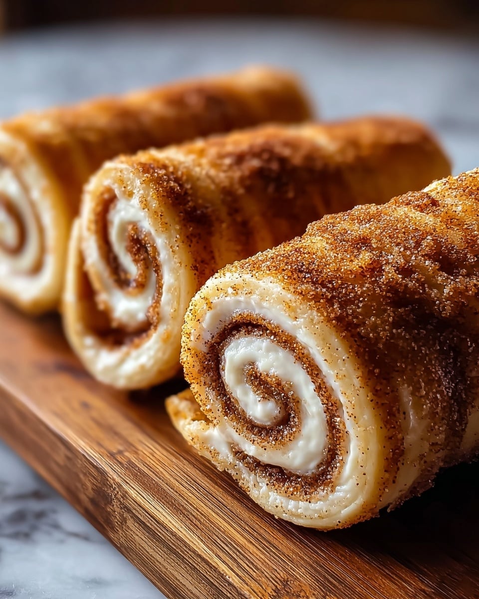 Three rolled cinnamon pastries are set side by side on a wooden board. Each pastry has a swirl pattern made of light beige dough and filled with a creamy white layer visible in the spirals. The outer surface of each roll is sprinkled with a golden-brown cinnamon sugar coating that gives it a slightly crispy texture. The background features a white marbled texture softly blurred, highlighting the warm tones of the cinnamon rolls. The photo taken with an iphone --ar 4:5 --v 7