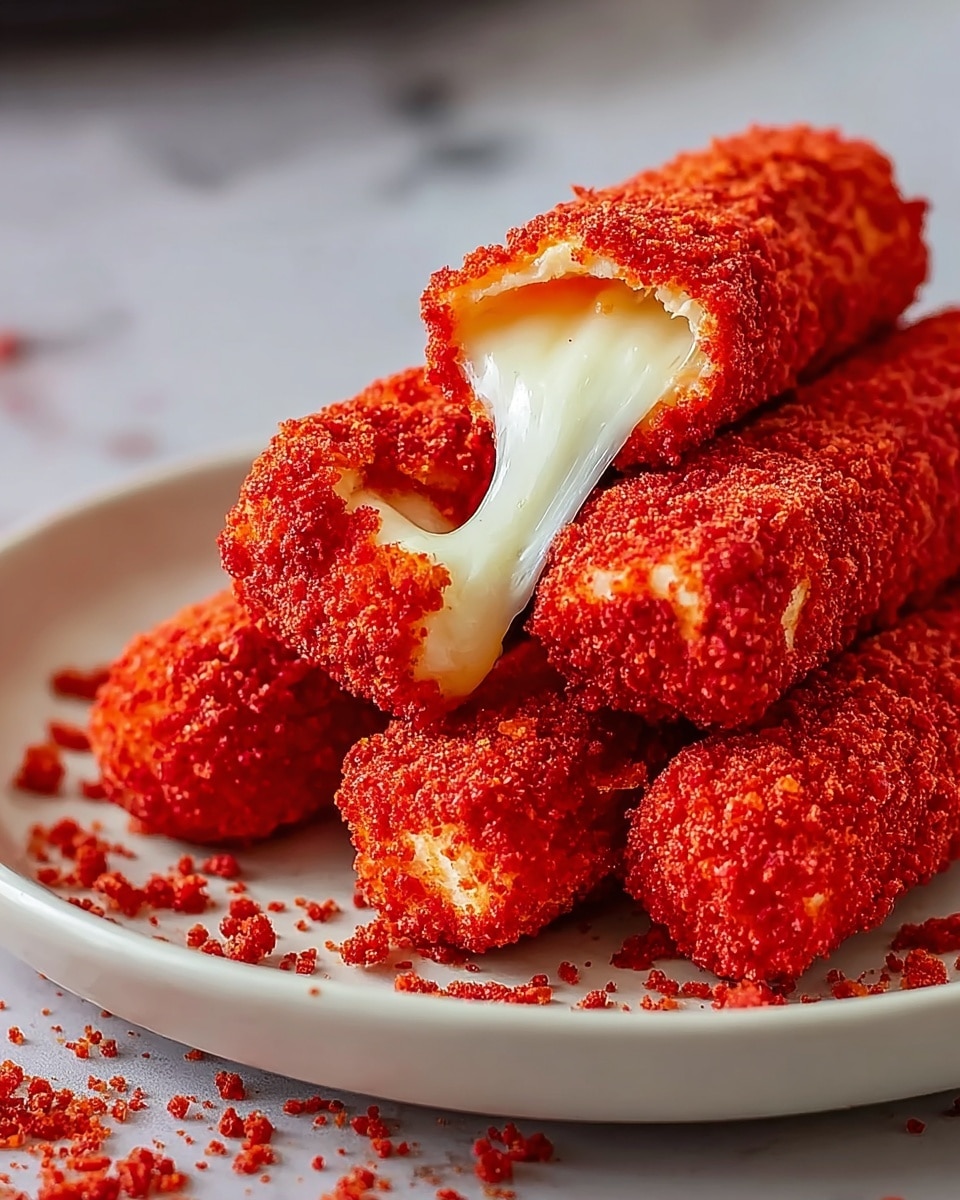 The image shows a close-up of six cheese sticks stacked on a white plate, all covered in a bright red crunchy coating with small crumb bits scattered around. One cheese stick is broken open in the center, with melted white cheese stretching out. The red coating appears rough and crispy, contrasting with the smooth, gooey cheese inside. The white plate holding the sticks rests on a white marbled textured surface. photo taken with an iphone --ar 4:5 --v 7
