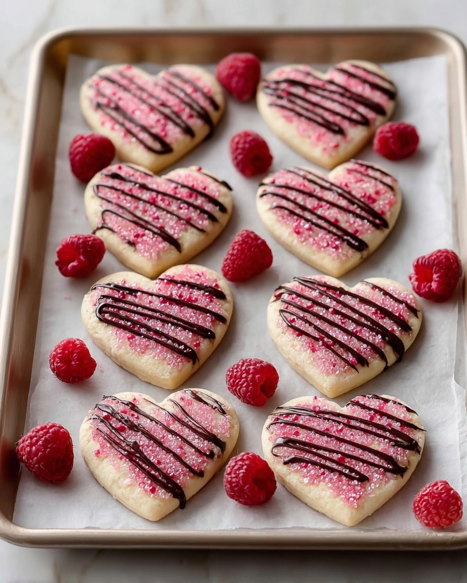 The image shows a white baking tray lined with parchment paper on a white marbled surface, holding eight heart-shaped cookies. Each cookie has a pale cream base layer topped with a layer of pink sugar crystals that sparkle, and thin dark chocolate drizzle lines running across the top in a diagonal pattern. Scattered around the cookies on the tray are fresh raspberries adding a bright red touch. The cookies are arranged in neat rows with some raspberries placed between them for a balanced look. Photo taken with an iphone --ar 4:5 --v 7