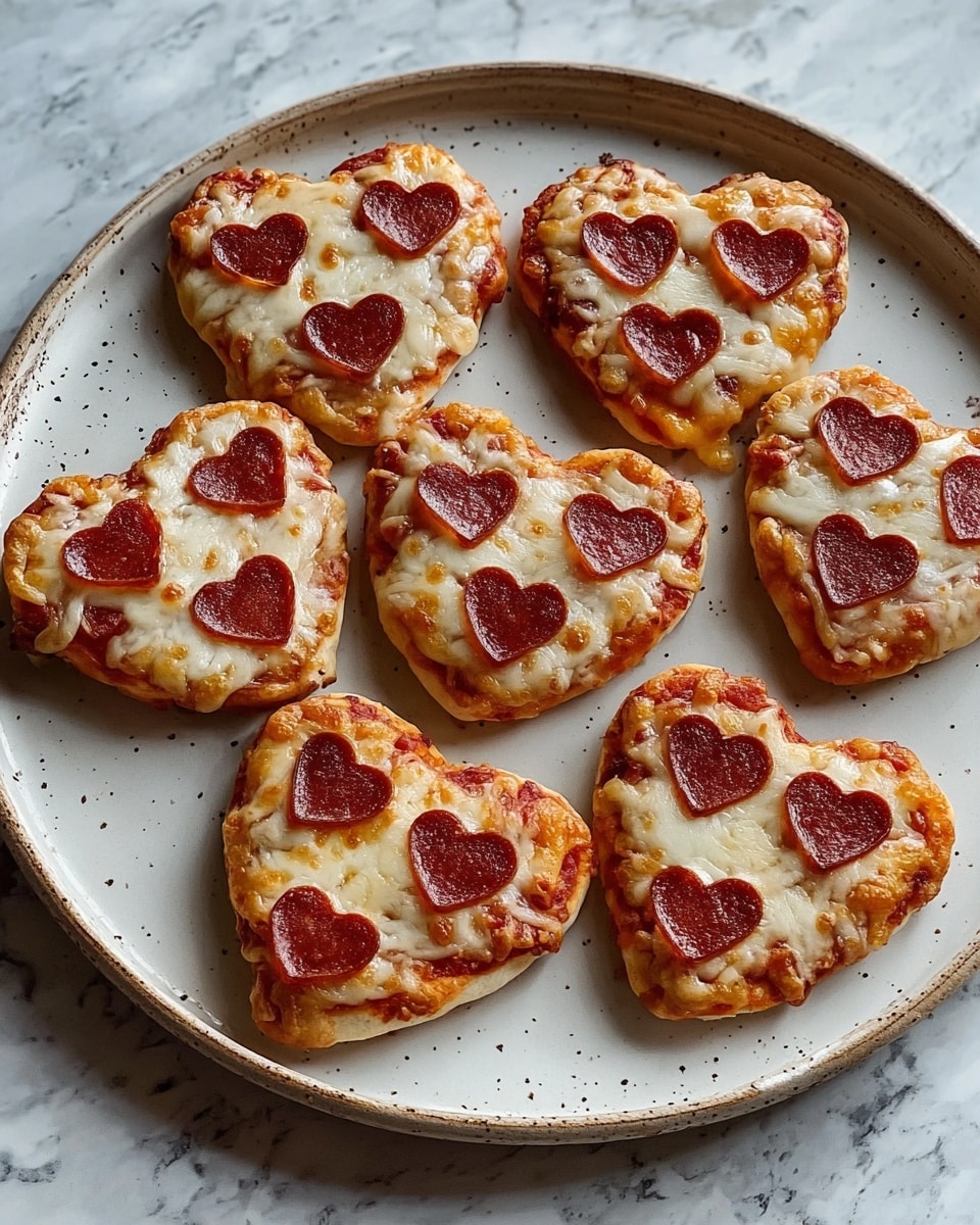 Seven small heart-shaped mini pizzas are arranged on a large round white plate with a slightly rustic rim. Each mini pizza has a golden brown crust forming the base, topped with melted bubbly cheese that is creamy white and slightly browned. On top of the cheese, each heart-shaped pizza has three smaller heart-shaped pieces of pepperoni that are a deep reddish-brown. The plate is placed on a white marbled surface that looks clean and simple. Photo taken with an iphone --ar 4:5 --v 7