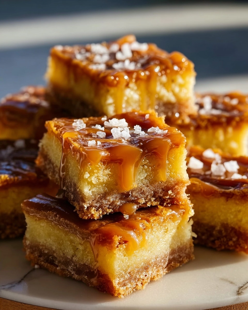 The image shows a close-up of several square dessert bars stacked on each other. Each bar has three visible layers: a slightly crumbly brown base, a thick middle layer of soft, yellow cake with a smooth texture, and a glossy caramel topping drizzled generously, with a few pieces of coarse white salt sprinkled on top. The caramel looks sticky and shiny, flowing slightly down the sides. The bars are placed on a round white plate on a white marbled surface, bathed in warm, natural light that emphasizes the shiny, rich caramel. Photo taken with an iphone --ar 4:5 --v 7