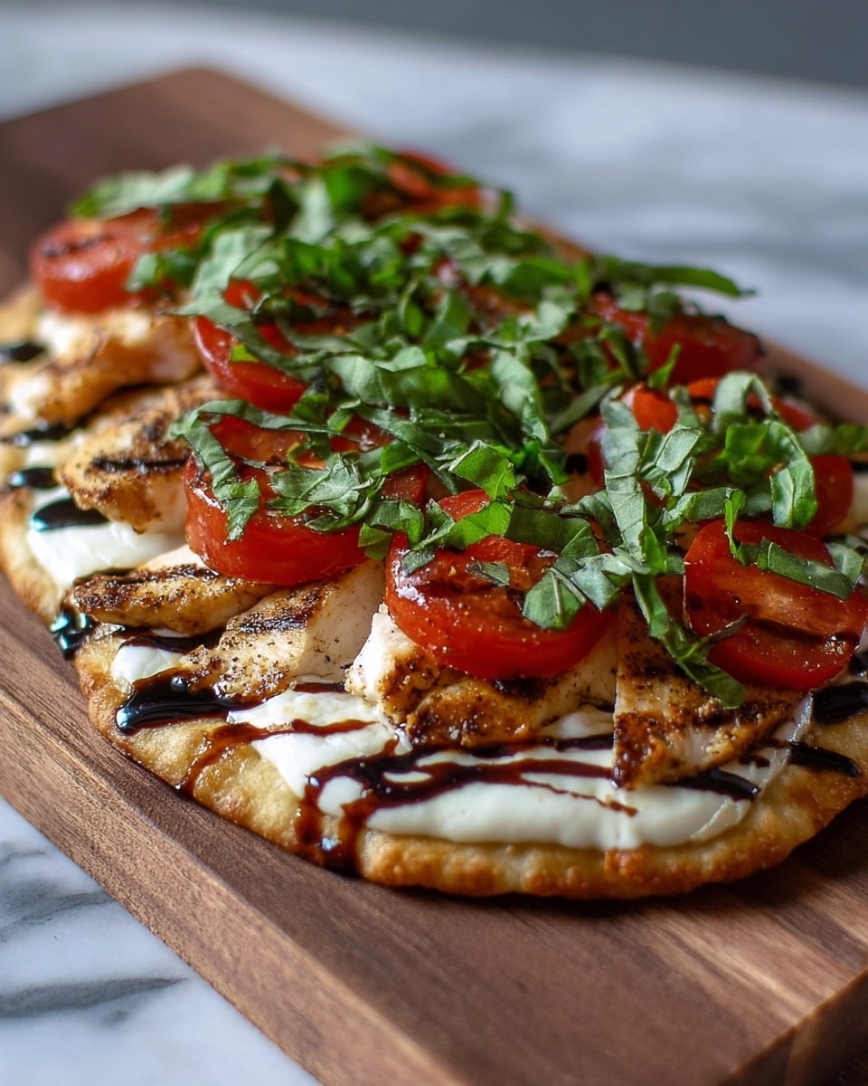 The dish shows a flatbread with a slightly browned and crispy crust as the base. On top is a layer of grilled chicken with a light golden-brown color and visible seasoning. Above the chicken is a smooth, white layer of melted cheese. Slices of red tomatoes with a juicy texture are spread evenly on the cheese. Fresh green basil leaves are scattered on top, adding a bright contrast. The whole dish is finished with a drizzle of dark balsamic glaze. The flatbread is placed on a wooden board with a blurred white marbled texture background. Photo taken with an iphone --ar 4:5 --v 7