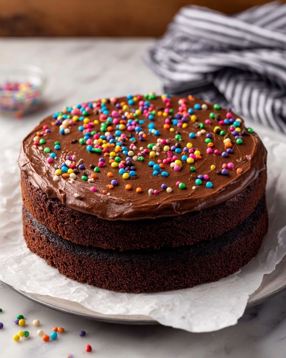 A two-layer chocolate cake sits on a white plate lined with white parchment paper. The bottom layer is a dark, rich chocolate while the top layer is slightly lighter in color with a smoother texture. The top of the cake is covered with a thick, glossy chocolate frosting that has gentle swirls and is sprinkled with small, round, colorful candy sprinkles in bright red, green, blue, yellow, pink, orange, purple, and black. The white marbled surface beneath the plate contrasts softly with the cake's dark colors, and a striped cloth is blurred in the background. photo taken with an iphone --ar 4:5 --v 7