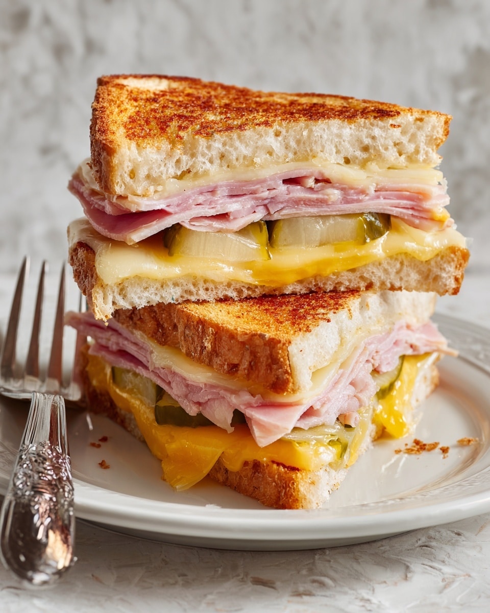 Two thick sandwich halves stacked on a white plate, each with three layers of white toasted bread showing a golden brown crispy texture on the top and bottom. Inside layers include thin slices of pink ham neatly folded, a smooth layer of yellow melted cheddar cheese below slices of pale yellow Swiss cheese, and a few pieces of green pickles with a glossy texture. The sandwich is cut diagonally, showing a melty, juicy filling. The plate is on a white marbled textured surface with a silver fork in the corner. Photo taken with an iphone --ar 4:5 --v 7