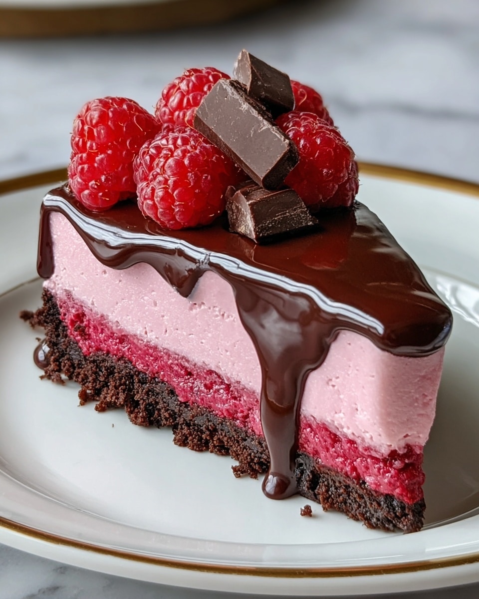 A slice of dessert with three visible layers is shown on a white plate with a thin gold rim, placed on a white marbled surface. The bottom layer is a dark brown crumbly crust. The middle layer is thick and smooth, with a bright pink creamy texture. The top layer is a shiny, rich dark chocolate ganache that drips down the sides of the slice. On top of the ganache, there are several fresh, vibrant red raspberries and two small pieces of dark chocolate, arranged near the center. photo taken with an iphone --ar 4:5 --v 7