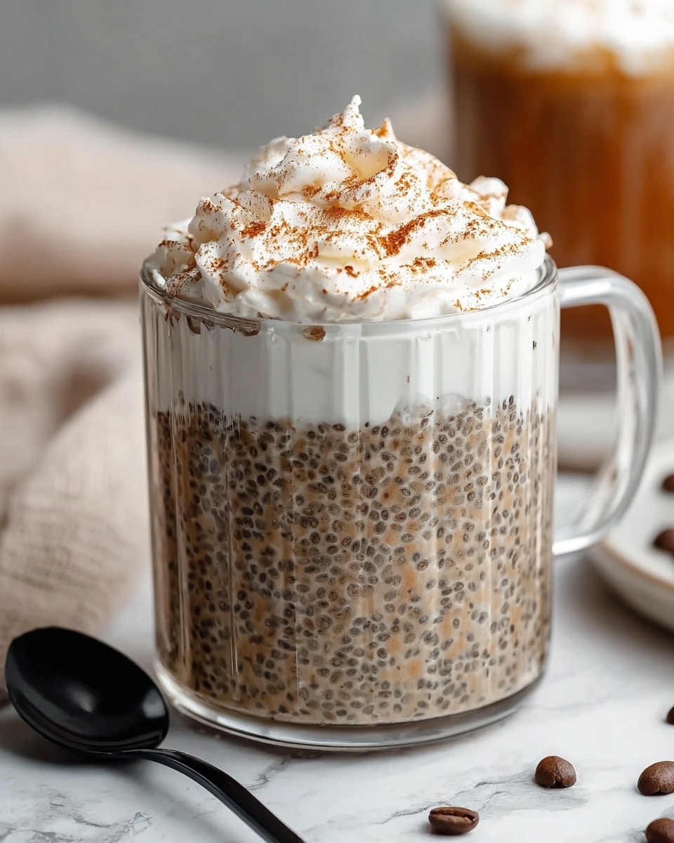 A clear glass mug filled with three visible layers: the bottom layer is a dense mixture of pale brown chia seed pudding with black chia seeds evenly spread throughout, the middle layer is a thick white whipped cream, and the top layer is a swirl of white whipped cream sprinkled with light brown cinnamon powder. The mug is placed on a white marbled surface with a black spoon and small coffee beans next to it, and there is a blurred background that includes another mug. photo taken with an iphone --ar 4:5 --v 7
