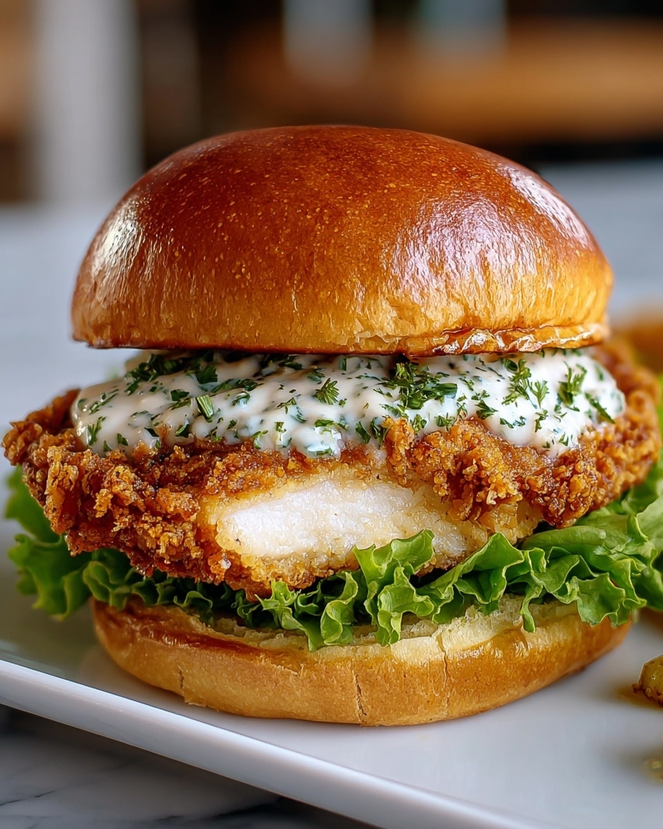 The image shows a sandwich with three clear layers inside a shiny, golden-brown soft bun. The bottom layer is fresh green lettuce with a crinkled texture, above that is a thick, crispy fried chicken fillet with a crunchy golden crust, and the top layer features a creamy white sauce with green herb specks spread over the chicken. The sandwich is placed on a white plate, with a white marbled surface in the background. photo taken with an iphone --ar 4:5 --v 7