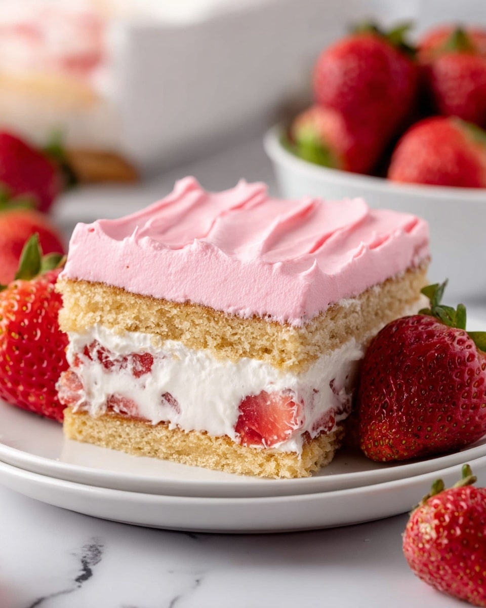 A layered dessert square sits on a white plate, showing four clear layers: the bottom layer is a light golden-brown cake base; above it is a thick white cream layer with pieces of red strawberry mixed in; next is another light golden-brown cake layer; the top layer is a smooth, thick coat of pink frosting with soft swirls. The dessert is surrounded by fresh red strawberries with green leaves, with a white bowl of more strawberries blurred in the background on a white marbled surface. photo taken with an iphone --ar 4:5 --v 7
