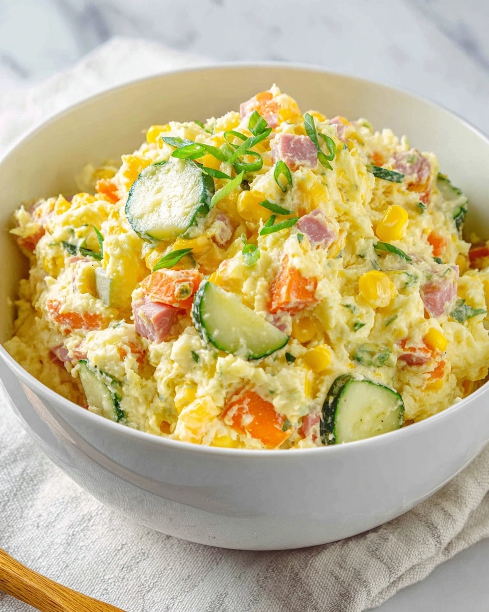 A white bowl filled with a creamy, yellow potato salad mixture, layered with small diced pieces of orange carrot and pink ham scattered throughout. Thin, pale green cucumber slices and bright yellow corn kernels are mixed in, with finely chopped green onions sprinkled on top. The texture looks soft and slightly chunky, showing a mix of fluffy potatoes and crisp vegetables against the smooth white bowl. The bowl is placed on a white marbled surface with a soft cloth under it. Photo taken with an iphone --ar 4:5 --v 7