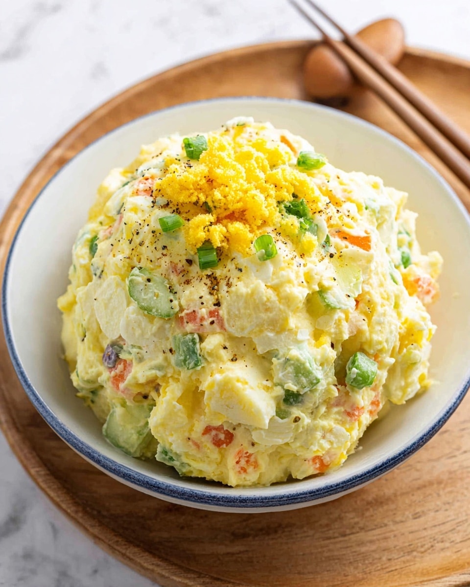 A rounded mound of potato salad sits in the center of a white bowl with a thin blue rim. The salad is creamy yellow with visible small chunks of white boiled egg, pieces of cucumber, diced orange carrots, and tiny green peas mixed throughout. Finely chopped green onions are sprinkled around, with a small pile of bright yellow egg yolk crumbles on top, lightly dusted with ground black pepper. The bowl is placed on a round wooden tray with a pair of light brown chopsticks resting beside it on a white marbled surface. Photo taken with an iphone --ar 4:5 --v 7