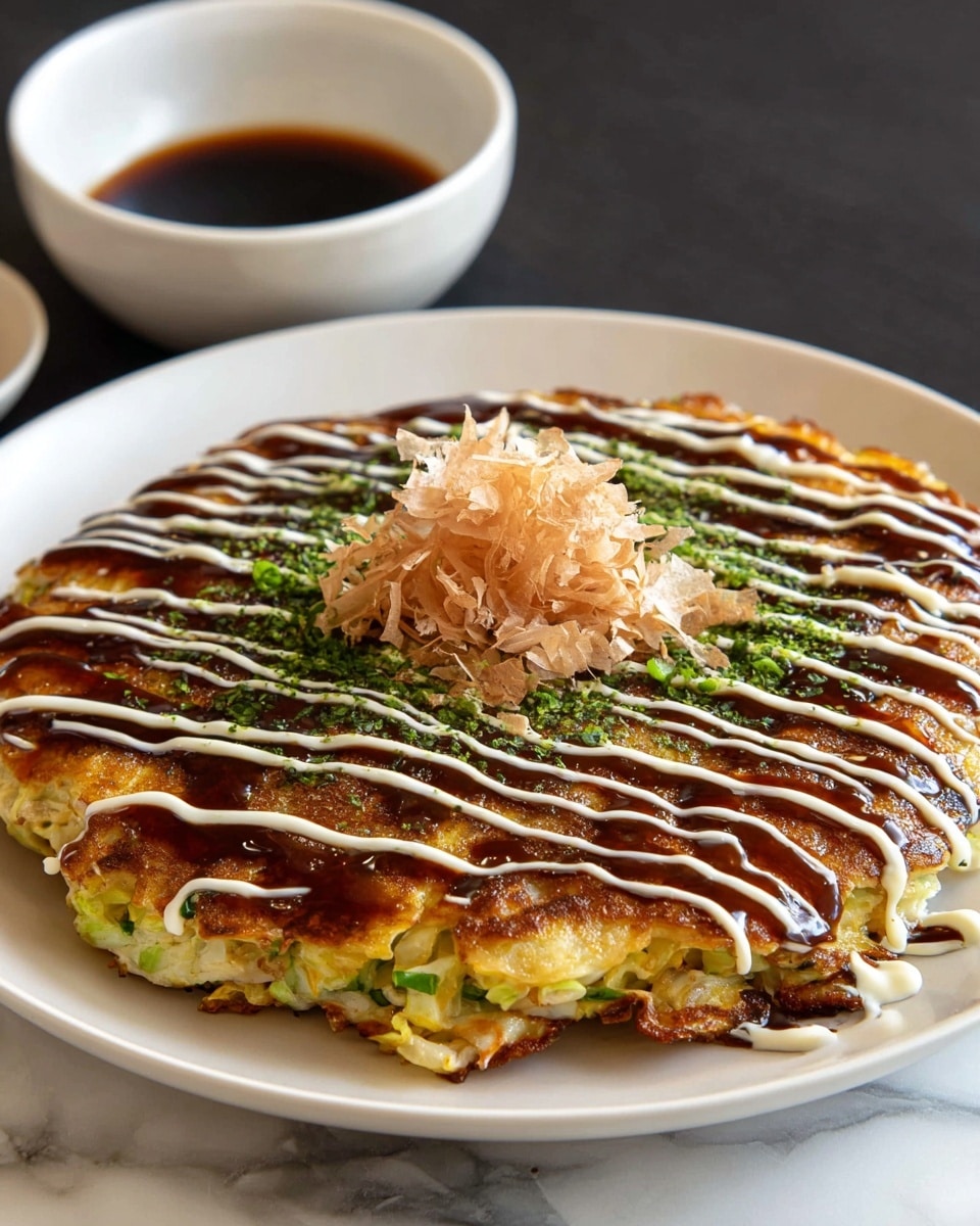 A round okonomiyaki pancake sits on a white plate, showing at least three visible layers starting with a base of cooked cabbage and vegetables in green and white shades, followed by a soft golden-brown batter layer, then topped with even lighter golden crispy edges. The top is covered with thick dark brown sauce spread evenly under white mayo drizzled in thin, wavy lines crossing the pancake. In the center, a small pile of light brown, thin bonito flakes moves slightly, crowned with chopped fresh green onions. The plate is set on a white marbled surface, with a small white bowl of dark dipping sauce blurred in the background. photo taken with an iphone --ar 4:5 --v 7