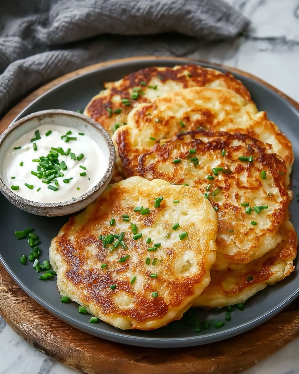 The image shows a round dark grey plate with four golden brown pancakes stacked in a slightly overlapping way. Each pancake is thick with a slightly crispy and unevenly browned outside, showing a mix of light golden and dark brown patches, sprinkled with small green chopped chives. Next to the pancakes on the plate is a small round white bowl filled with white sour cream, also topped with chopped green chives. The plate is set on a wooden board with a white marbled textured surface underneath, and there is a grey cloth in the background. photo taken with an iphone --ar 4:5 --v 7