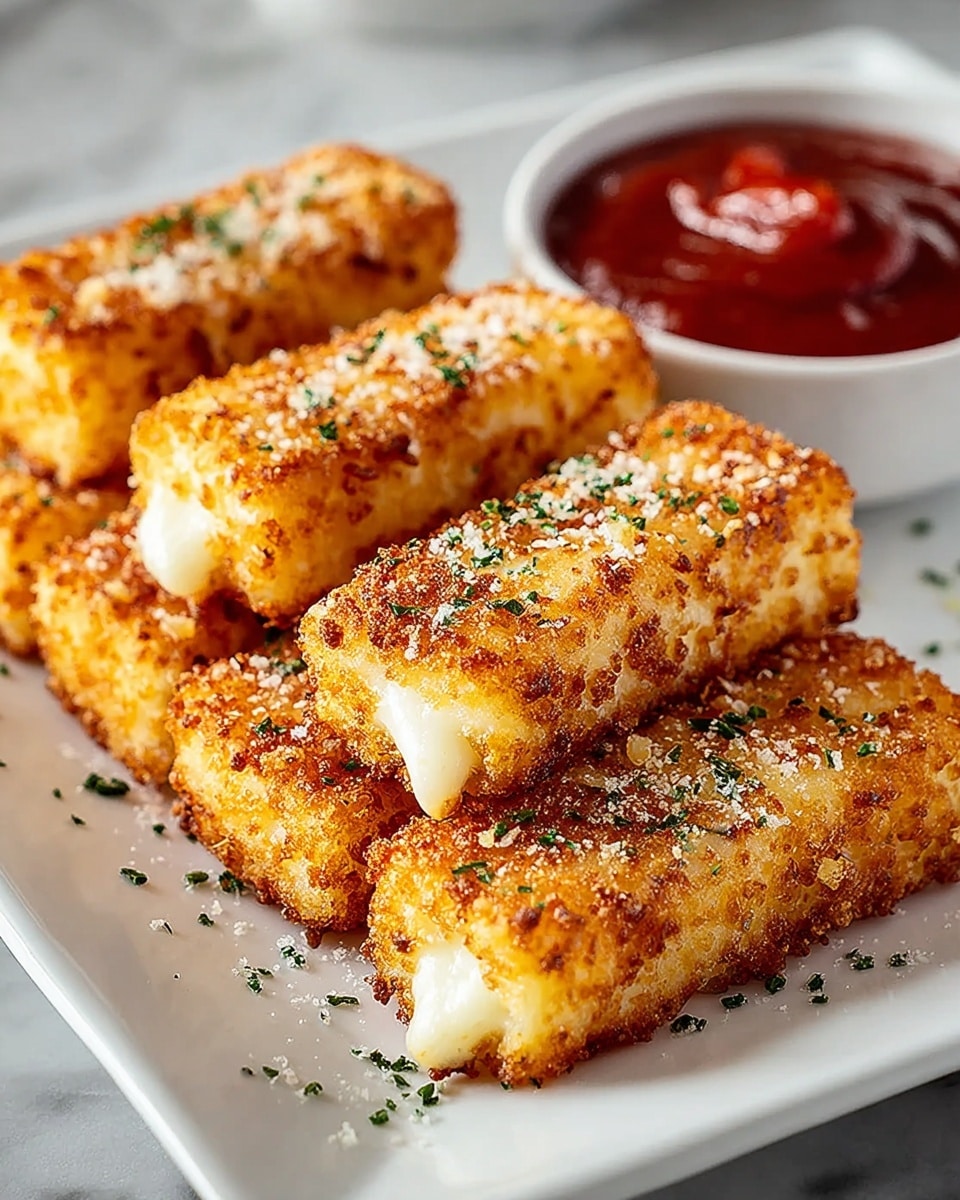 The image shows a white rectangular plate with three rows of four square pieces each of golden brown, crispy fried cheese sticks. Each cheese stick has a crunchy, textured crust sprinkled lightly with green herbs and a fine dusting of grated cheese. The inside of the cheese sticks is soft and creamy white. In the background, there is a small white bowl filled with rich red ketchup, slightly blurred. The plate is set on a white marbled surface, creating a clean and bright scene. Photo taken with an iphone --ar 4:5 --v 7