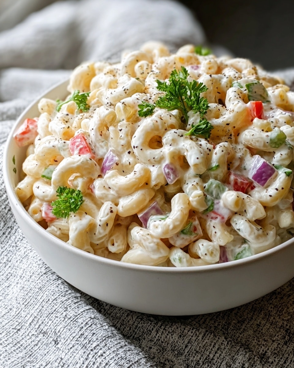 A white bowl filled with creamy macaroni salad showing one main layer of elbow macaroni coated in a thick white sauce speckled with black pepper. Mixed within the macaroni are small pieces of red bell pepper, green celery, and purple onion, adding pops of color. Small green parsley leaves are scattered on top for garnish. The bowl rests on a textured fabric with a white marbled background lightly visible in the corner. photo taken with an iphone --ar 4:5 --v 7