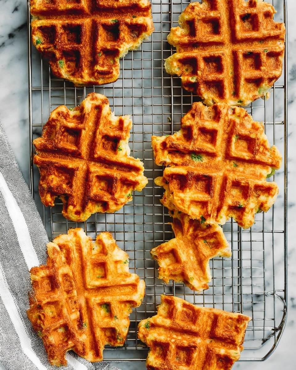 The image shows six golden brown waffles with a crisp texture, arranged on a cooling rack over a white marbled surface. Each waffle has deep square indentations in a grid pattern, with some small green bits visible inside the batter, suggesting herbs or vegetables. One waffle is broken into two pieces, showing a fluffy inside contrast to the crispy outer layer. Next to the cooling rack, there is a striped white and gray cloth partially in view. The lighting highlights the warm tones and crispy edges of the waffles. photo taken with an iphone --ar 4:5 --v 7