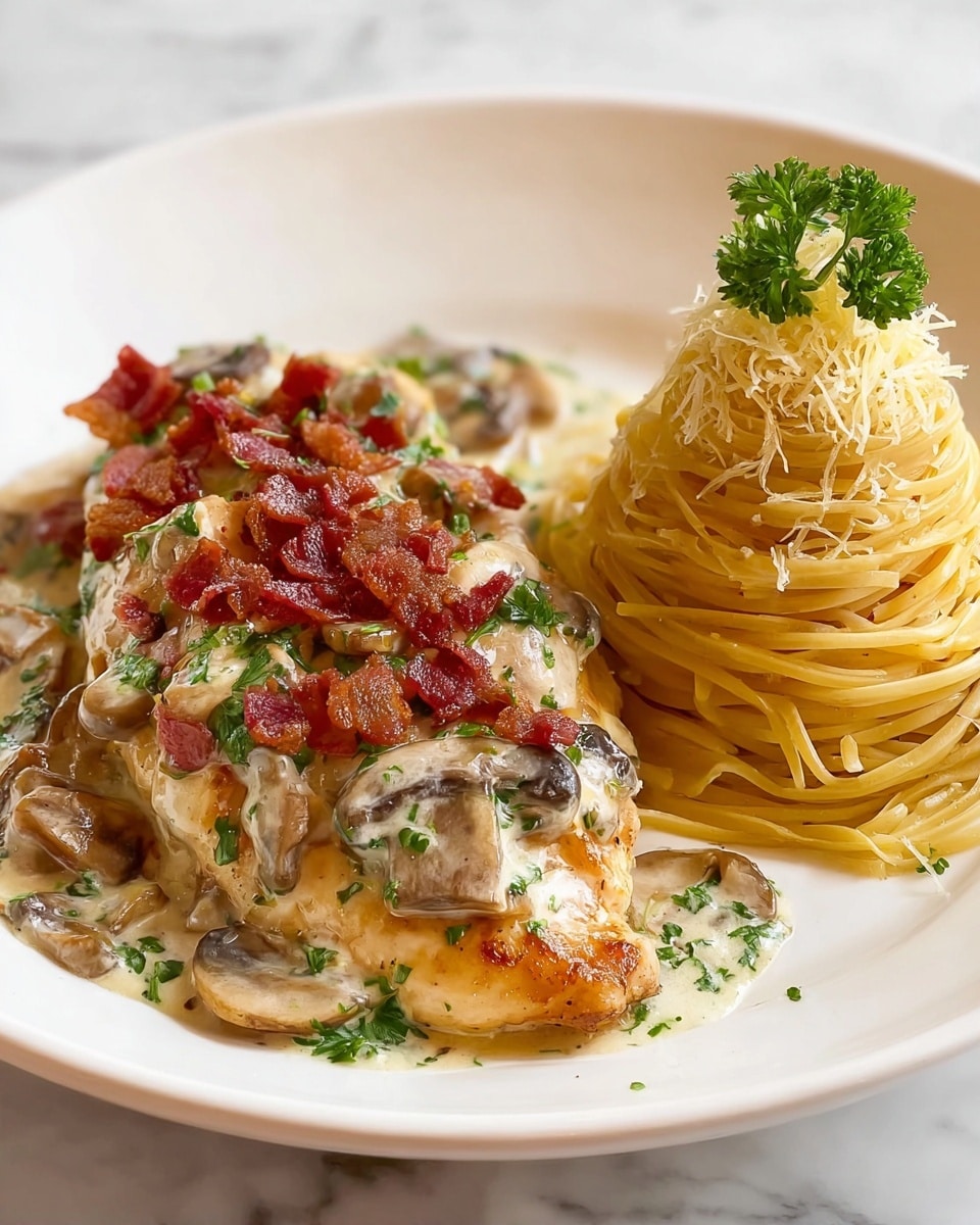 A white plate holds a meal with two main parts: on the left, a golden-brown cooked chicken breast is covered with a creamy white sauce mixed with sliced brown mushrooms and green parsley, topped with small crispy red bacon pieces and chopped parsley scattered on top; on the right, a neat stack of light yellow pasta strands is shaped into a cone, with some grated pale cheese and a small sprig of green parsley on top; the plate is set on a white marbled surface. photo taken with an iphone --ar 4:5 --v 7