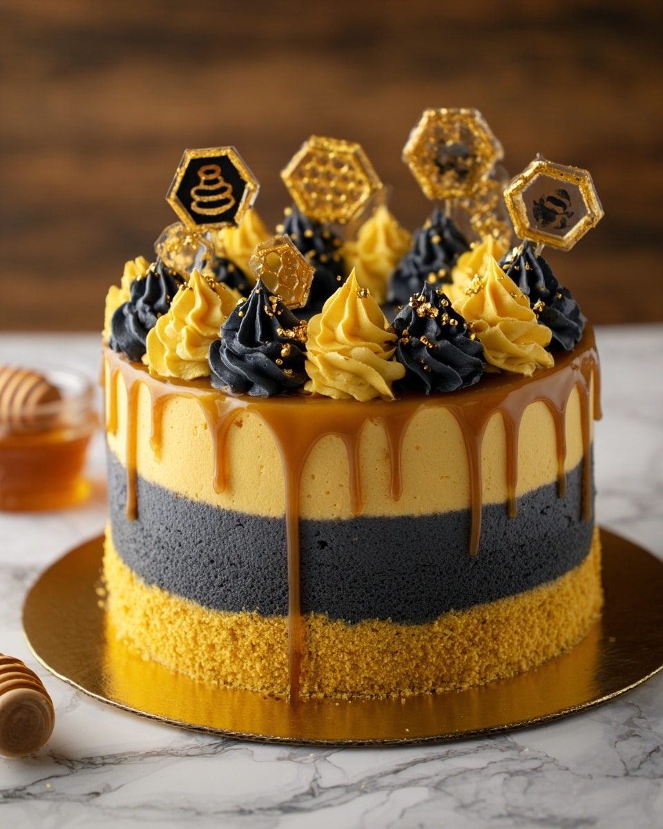 The cake has three main visible layers: the bottom layer is a crumbly yellow base, the middle layer is a thick dark charcoal gray band, and the top layer is a smooth yellow frosting. The top of the cake is decorated with swirled dollops of yellow and black frosting arranged in a circle, with small pieces of gold leaf on some frosting peaks. Honey-colored caramel drips down the sides from the top edge. Honeycomb-shaped caramel decorations stand tall between the frosting swirls. The cake sits on a shiny gold round board, all placed on a white marbled surface. photo taken with an iphone --ar 4:5 --v 7