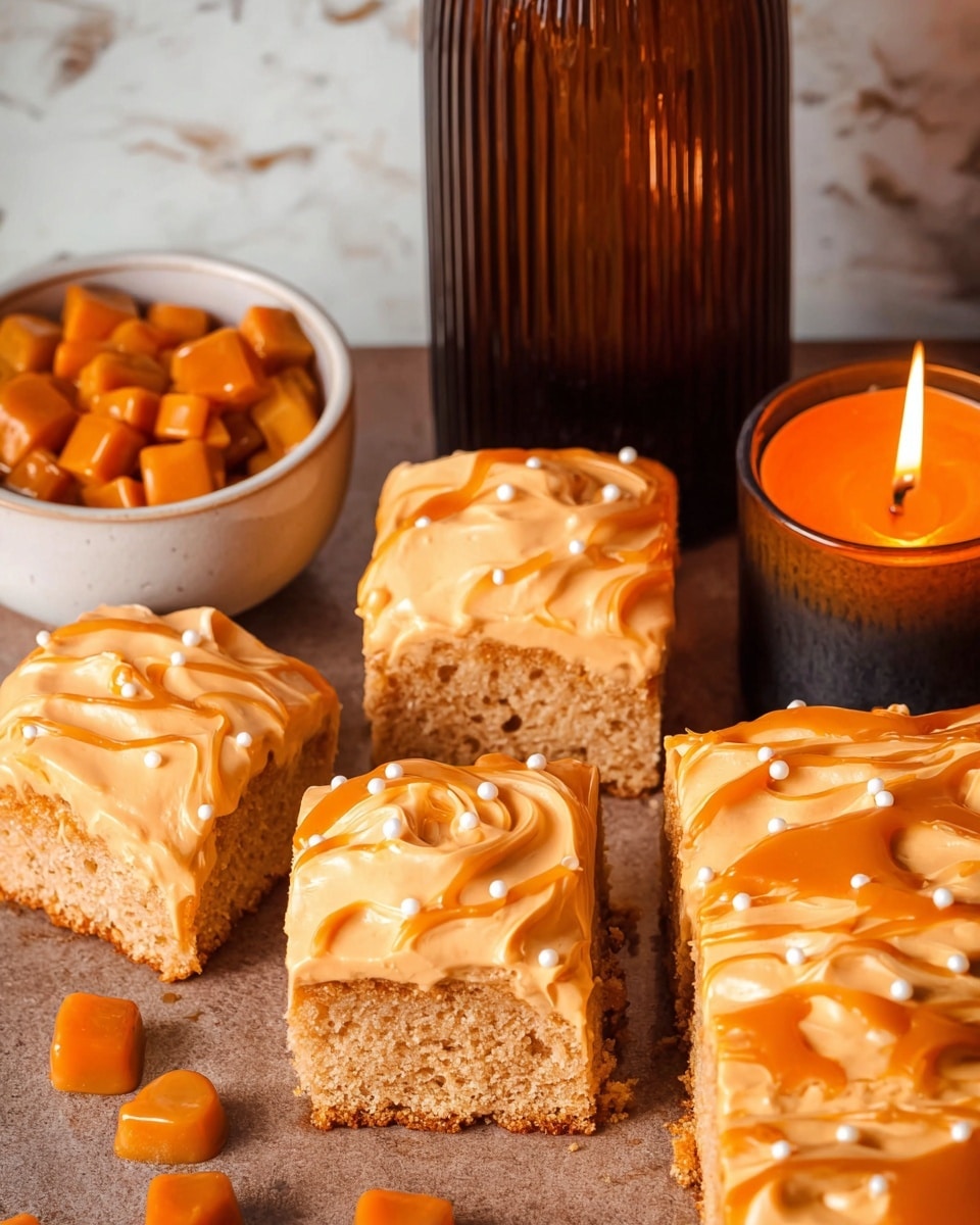 The image shows six square pieces of cake with two visible layers: a light brown, soft textured cake layer at the bottom, and a thick, creamy top layer of pale orange frosting swirled with a brighter orange caramel drizzle. Small white pearl-like sprinkles add texture on top of the frosting. The cakes are placed on a light brown surface close to a ribbed dark brown glass bottle, a lit small orange candle in a black holder with melted orange wax dripping down, and a white bowl filled with orange caramel chips. The background is a white marbled texture. Photo taken with an iphone --ar 4:5 --v 7