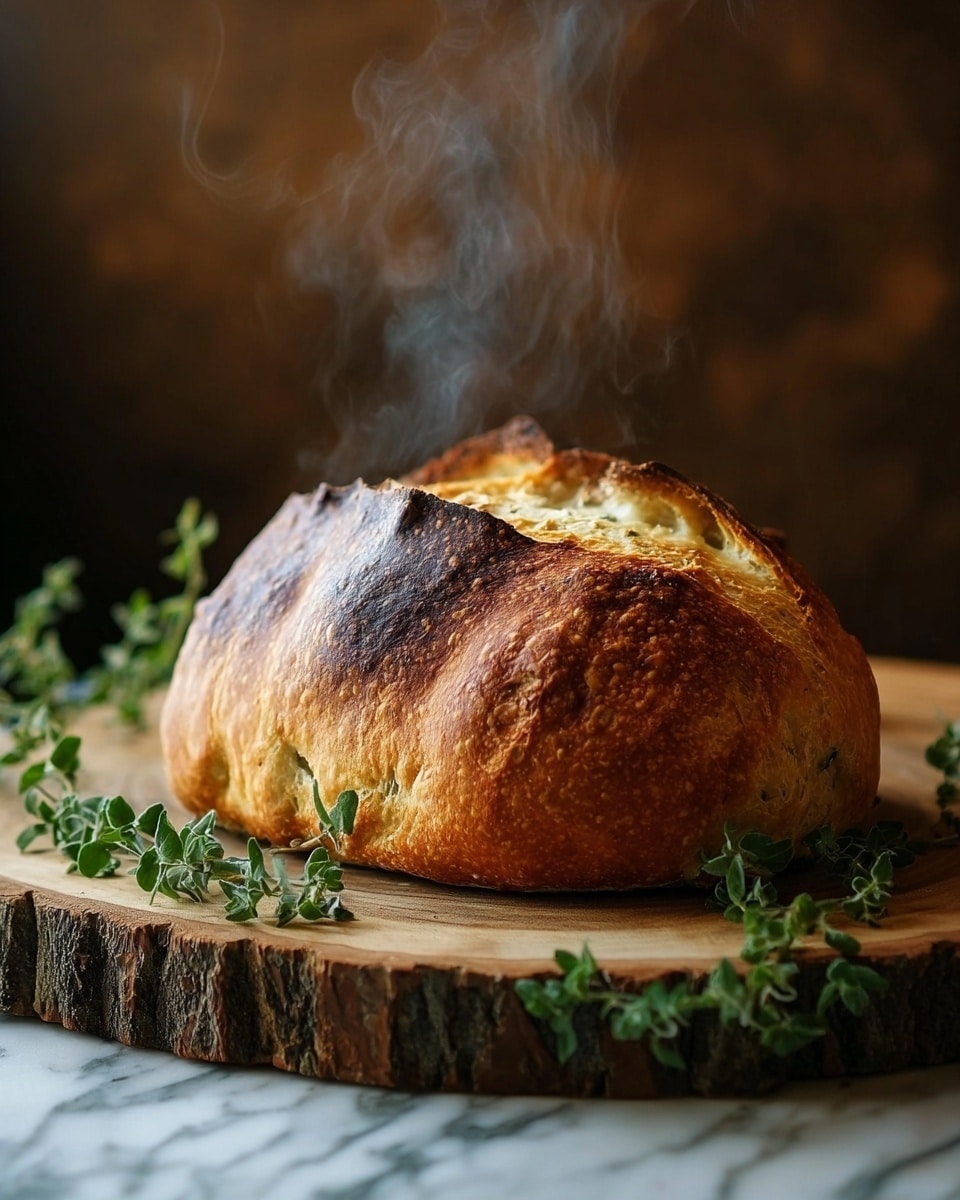 A large, round loaf of bread with a golden-brown crust sits on a rustic wooden board shaped like a tree slice, the crust showing darker brown spots and a rough texture, steam rising from the bread indicating it is freshly baked. Around the loaf, fresh green herb sprigs with small leaves are placed casually. The background is a soft focus with a warm, dark tone, and the whole scene is set on a white marbled surface. photo taken with an iphone --ar 4:5 --v 7