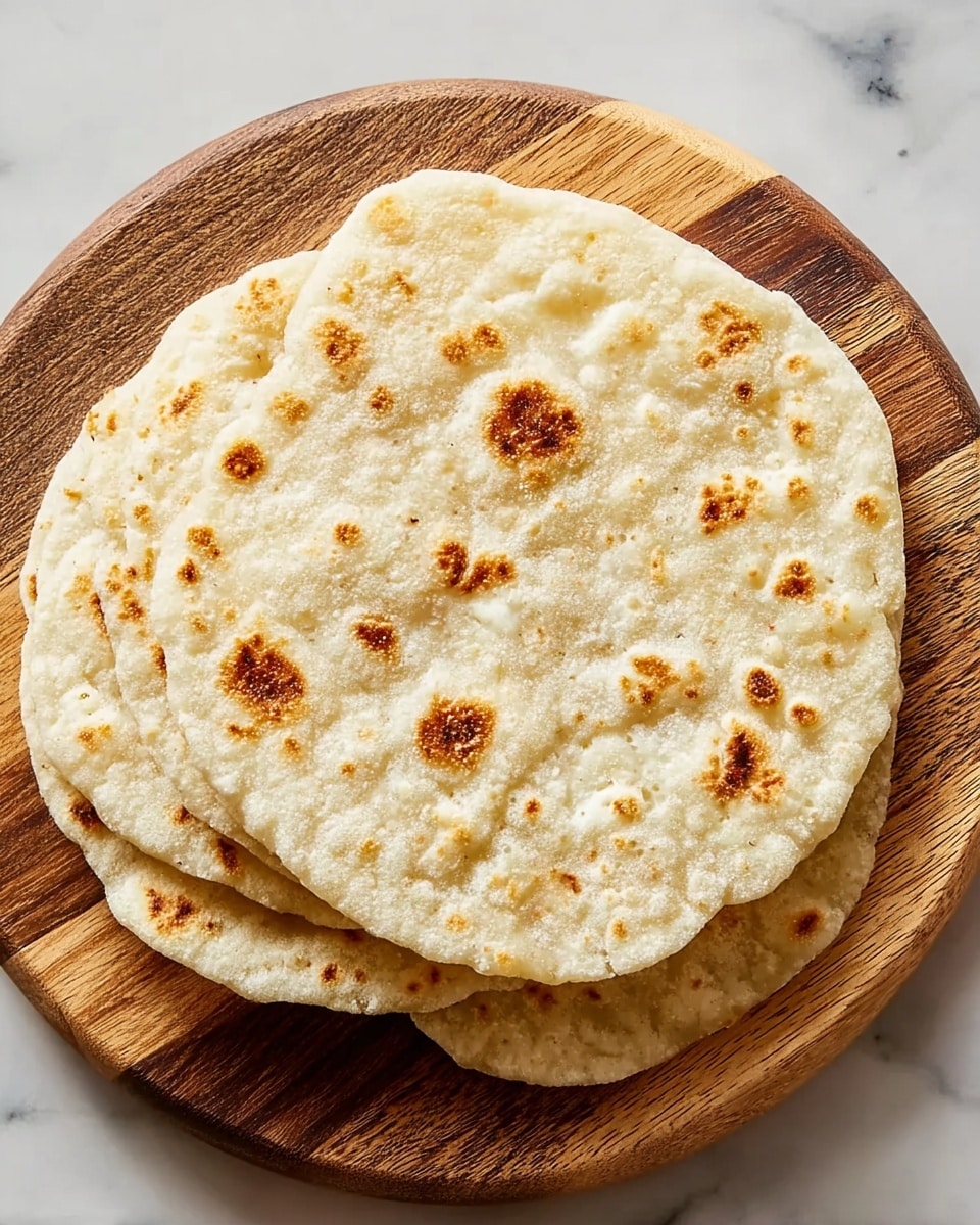 The image shows a stack of four round flatbreads with a soft and porous texture. Each flatbread is pale beige with scattered golden-brown spots, indicating they are lightly toasted. The flatbreads have an uneven surface with small bubbles and a slightly rough edge. They are placed on a round wooden board with a two-toned pattern of light and dark wood. The board rests on a white marbled surface, adding a clean and bright background to the warm tones of the flatbreads and wood. photo taken with an iphone --ar 4:5 --v 7