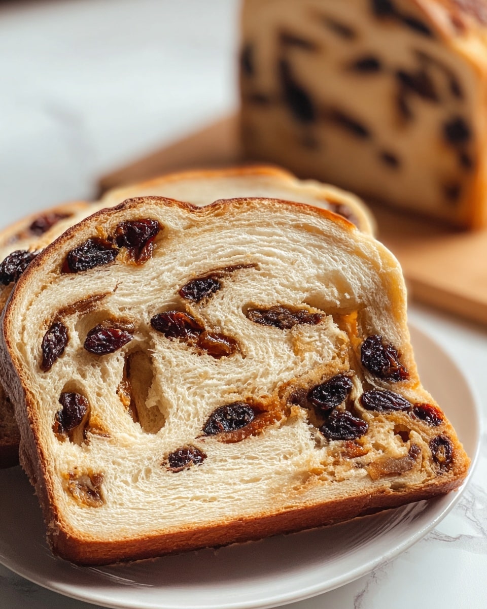 The image shows a close-up of two thick slices of raisin bread placed on a white plate, set against a white marbled surface. Each slice reveals three visible layers: a light golden brown crust with a smooth texture on the outside, a creamy beige soft dough inside, and a swirl of dark brown raisins evenly spread throughout the dough. The raisins appear plump and glossy, adding texture contrast to the soft bread. The top slice is slightly tilted, showing the layers more clearly, while the loaf from which the slices were cut is visible but blurred in the background. photo taken with an iphone --ar 4:5 --v 7