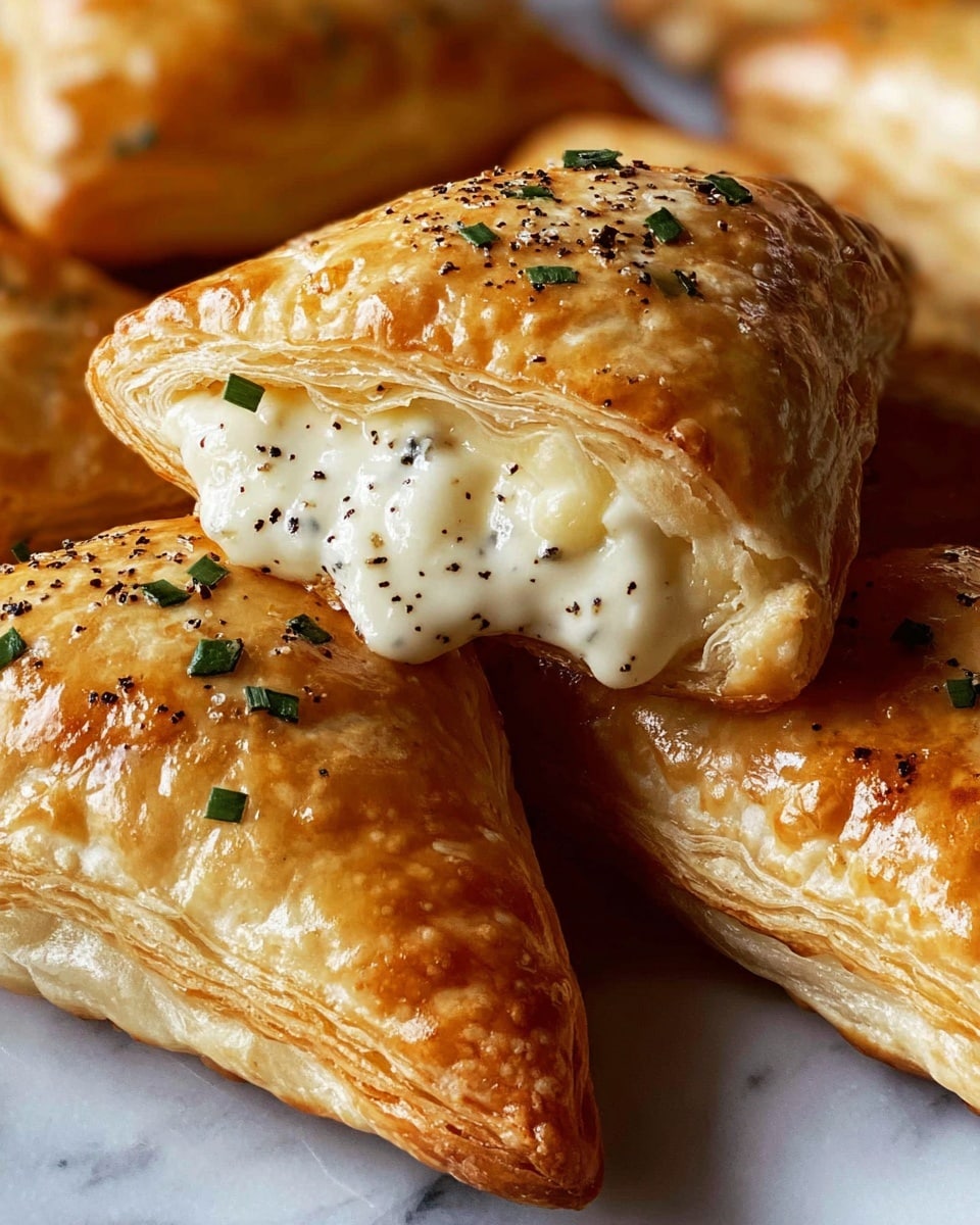 The image shows a close-up of golden-brown puff pastries with a flaky texture, each topped with small green herb flakes. One pastry is cut open, revealing a creamy, white filling speckled with black pepper, showing its smooth and rich texture inside. The pastries are triangular and stacked closely together on a surface with a white marbled texture, emphasizing their warm, crispy outer layer and soft, cheesy filling. photo taken with an iphone --ar 4:5 --v 7