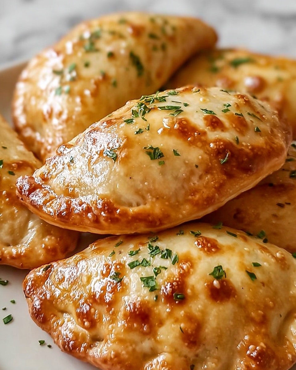 The image shows several golden brown empanadas layered closely together, each with a glossy, slightly bubbly surface and small green herb pieces scattered on top. The empanadas have a crispy, baked texture with light and darker brown spots indicating a well-cooked crust. They are placed on a white plate, with the details of the crust shining under soft lighting against a white marbled surface. photo taken with an iphone --ar 4:5 --v 7