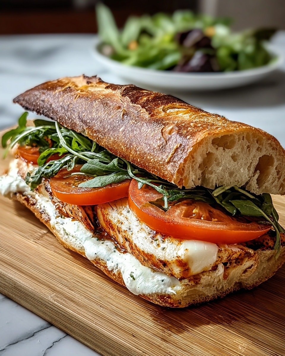 A sandwich with three main layers inside a toasted baguette cut in half; the bottom layer is a thick creamy white cheese spread on the bottom piece of bread, the middle layer is a juicy grilled chicken breast covered with melted white cheese, topped with two slices of bright red fresh tomatoes, and the top layer is fresh, dark green arugula leaves before closing with the golden brown crusty upper half of the bread. The sandwich is placed on a wooden cutting board with a blurred green leafy salad on a white plate and a white marbled surface background visible. Photo taken with an iphone --ar 4:5 --v 7