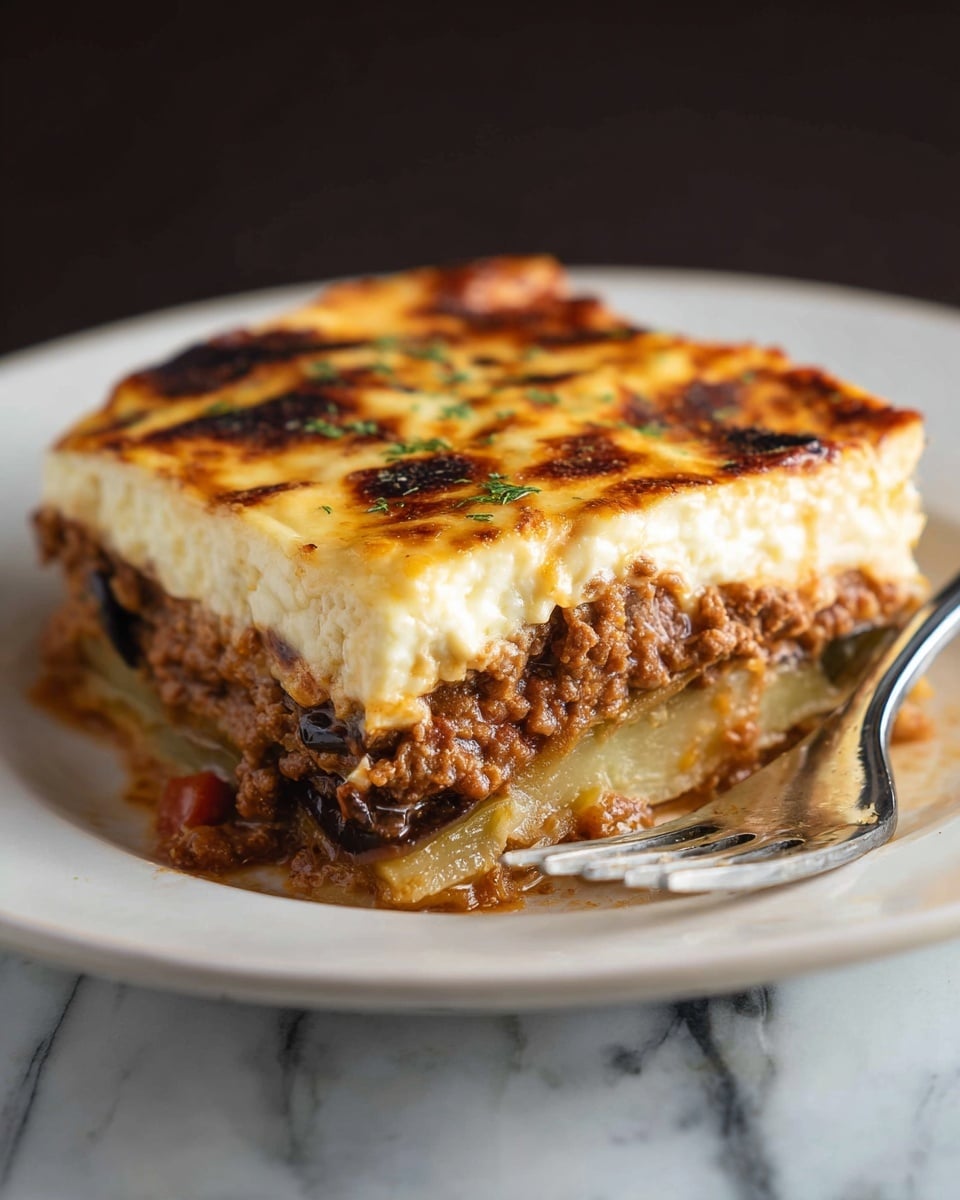 A baked dish in a metal pan with a golden brown, bubbly top layer that has darker browned spots scattered unevenly. The top layer looks creamy and slightly charred. One square piece has been cut and lifted by a black spatula, revealing multiple layers underneath: the top cream layer, a middle brown layer with a meaty texture, and a bottom layer that is slightly visible. The edges of the pan and remaining dish show some baked-on browned residue. The whole scene is set on a white marbled surface. photo taken with an iphone --ar 4:5 --v 7