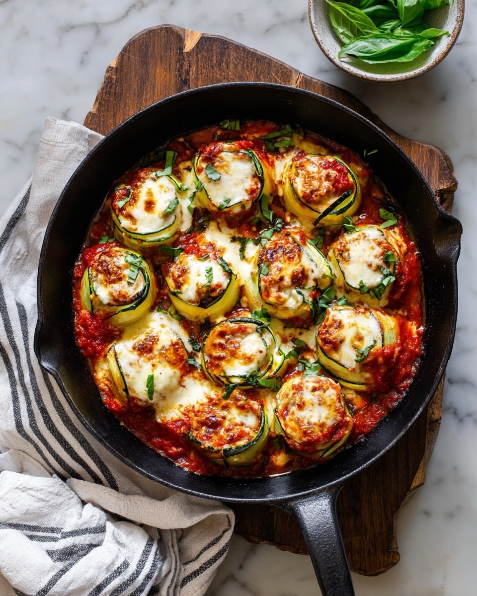 A black cast iron pan holds ten rolled pieces of zucchini lasagna, each made with thin green and pale yellow zucchini layers wrapped around a rich filling, topped with bright red tomato sauce and golden-browned melted white cheese. Fresh green basil leaves are scattered on top for color accents. The pan sits on a wooden board with a small round white bowl of fresh basil leaves nearby, and a white cloth with black stripes is draped to the side, all set on a white marbled surface. Photo taken with an iphone --ar 4:5 --v 7